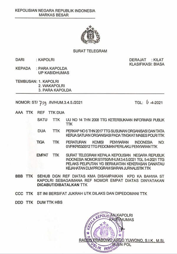 Kapolri Cabut Telegram Larangan Media Tampilkan Kekerasan Polisi