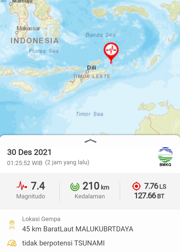 Maluku di Guncang Gempa 7,4 Magnitudo , Dirasakan di NTT, Kalimantan dan Papua