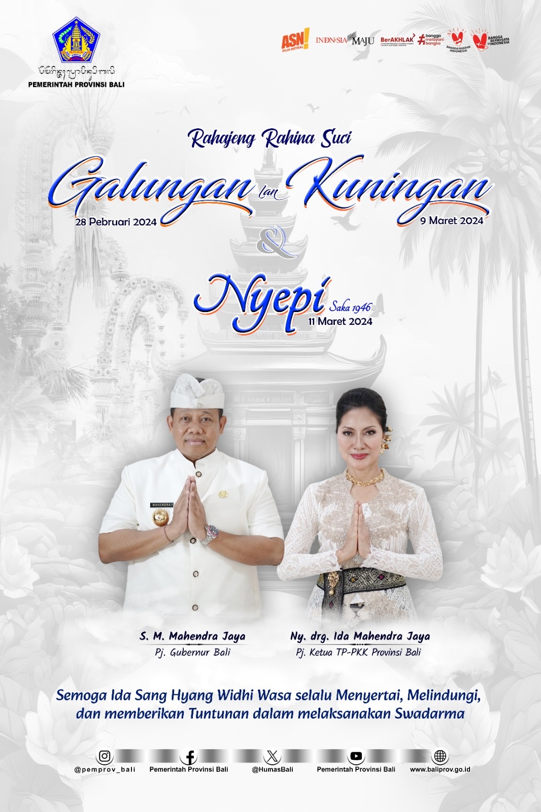 Penjabat Gubernur Bali Mengucapkan Selamat Hari Raya Galungan, Kuningan dan Nyepi  Tahun  Caka 1946
