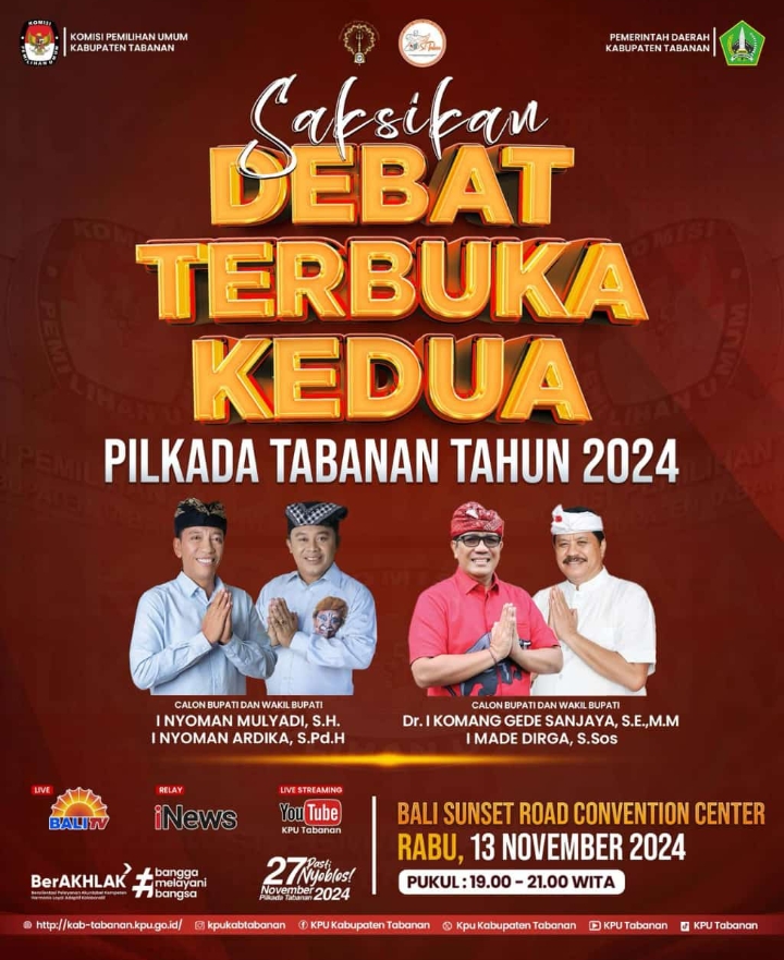 Saksikan Debat Terbuka Kedua Pilkada Tabanan 2024