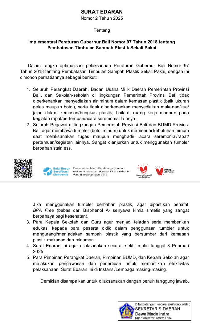 Berlaku 3 Februari 2025, Pemprov Bali  Perketat Larangan Plastik Sekali Pakai