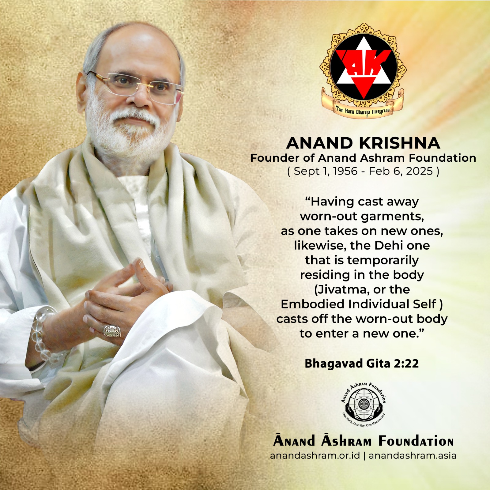 Swami  Anand  Krishna  Sang  Pemandu  Jiwa  Mengakhiri  Persinggahan  Di Bumi  Pertiwi  Indonesia