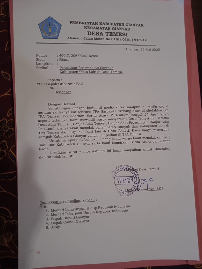Warga  Adat  Dan  Dinas  Temesi,  Tolak  Desanya  Dijadikan  Penampungan  Sampah  Provinsi.