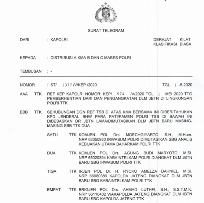 Kapolri Rotasi Sejumlah Pati Polri, Kapolda Jateng Jadi Kabaintelkam